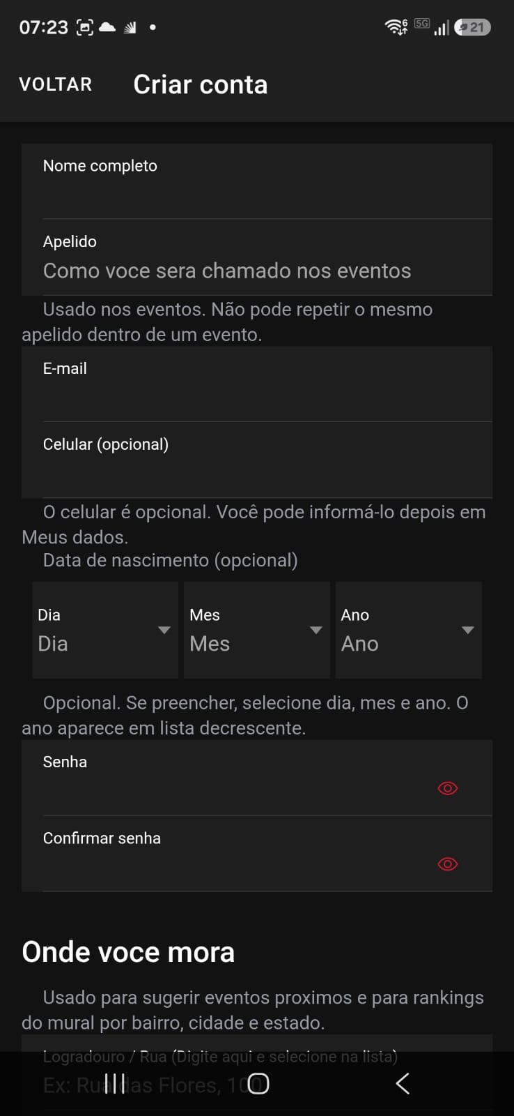 Criar conta com endereço