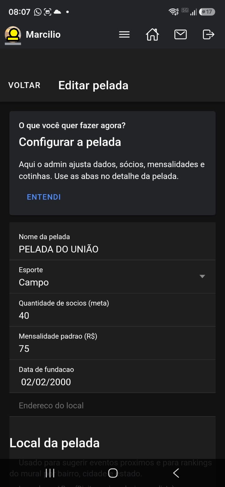 Editar e configurar a pelada