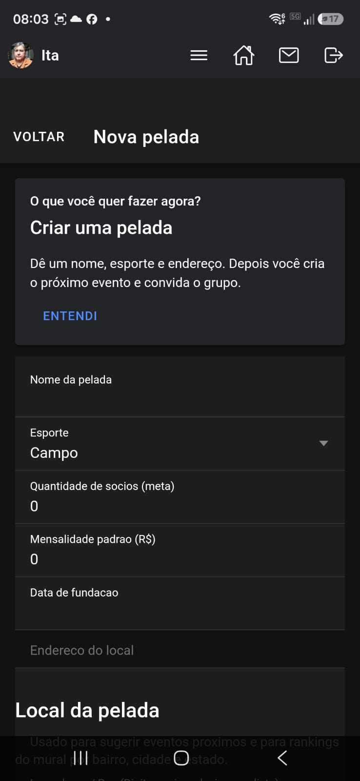 Formulário de nova pelada