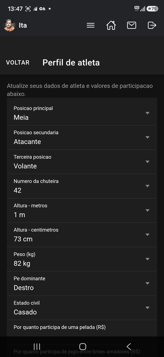 Formulário do perfil de atleta