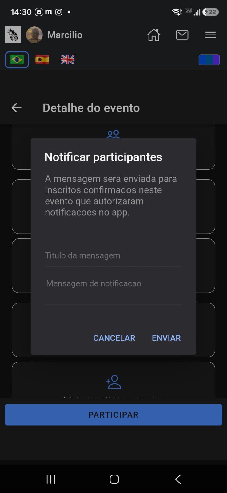 Janela de envio de mensagem aos participantes confirmados