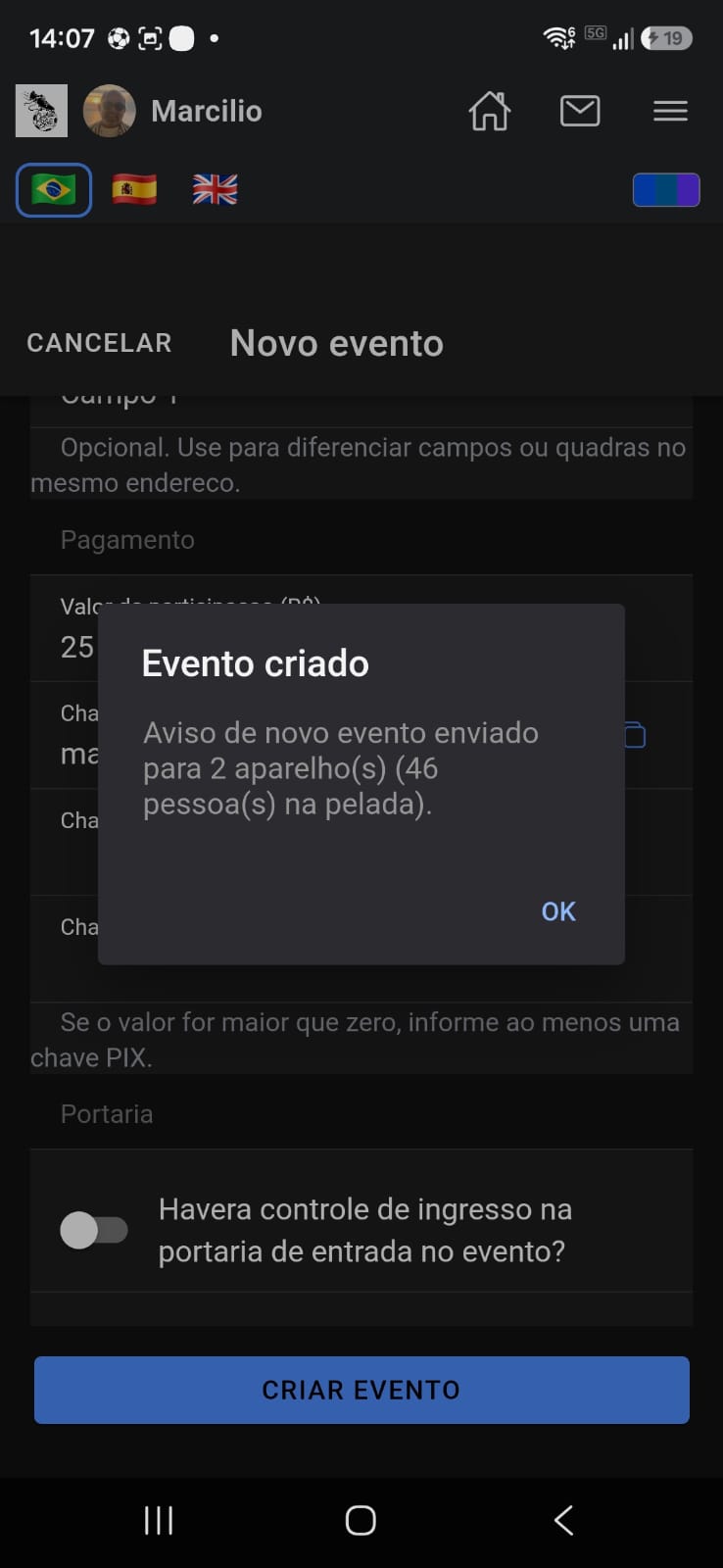 Confirmação do envio de push ao criar evento