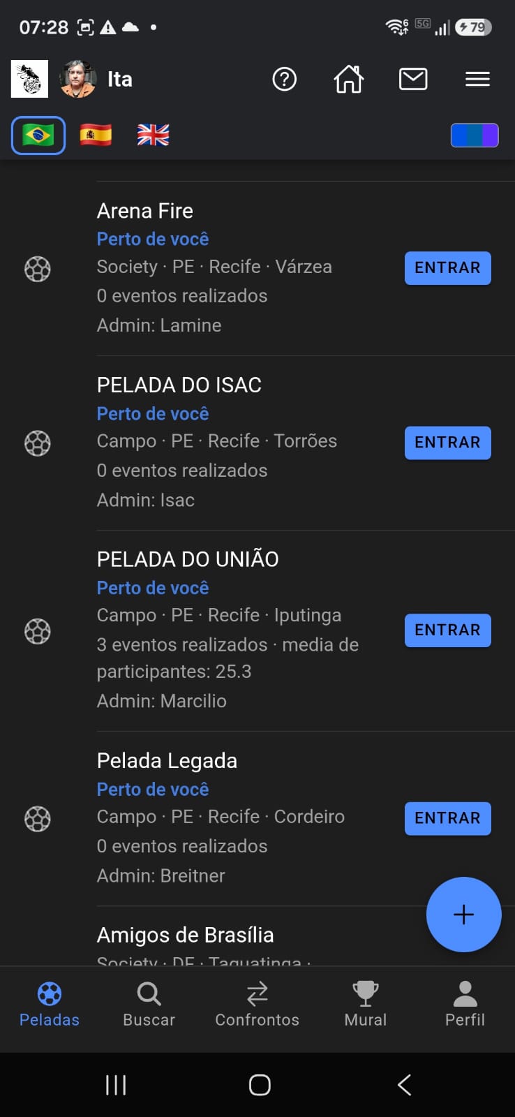 Lista de peladas com as 5 abas, bandeiras e tema no topo