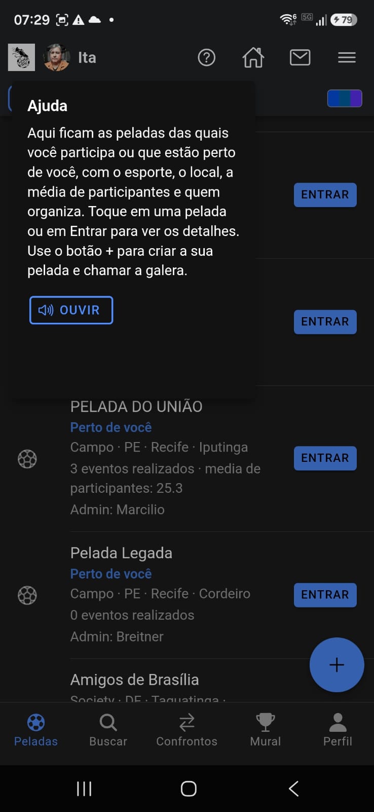 Balão de ajuda da tela aberto, com Ouvir