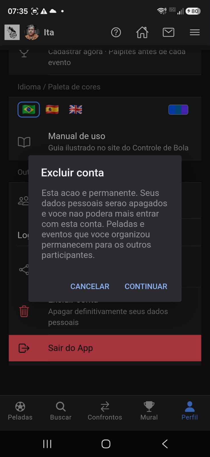 Confirmação de Excluir conta