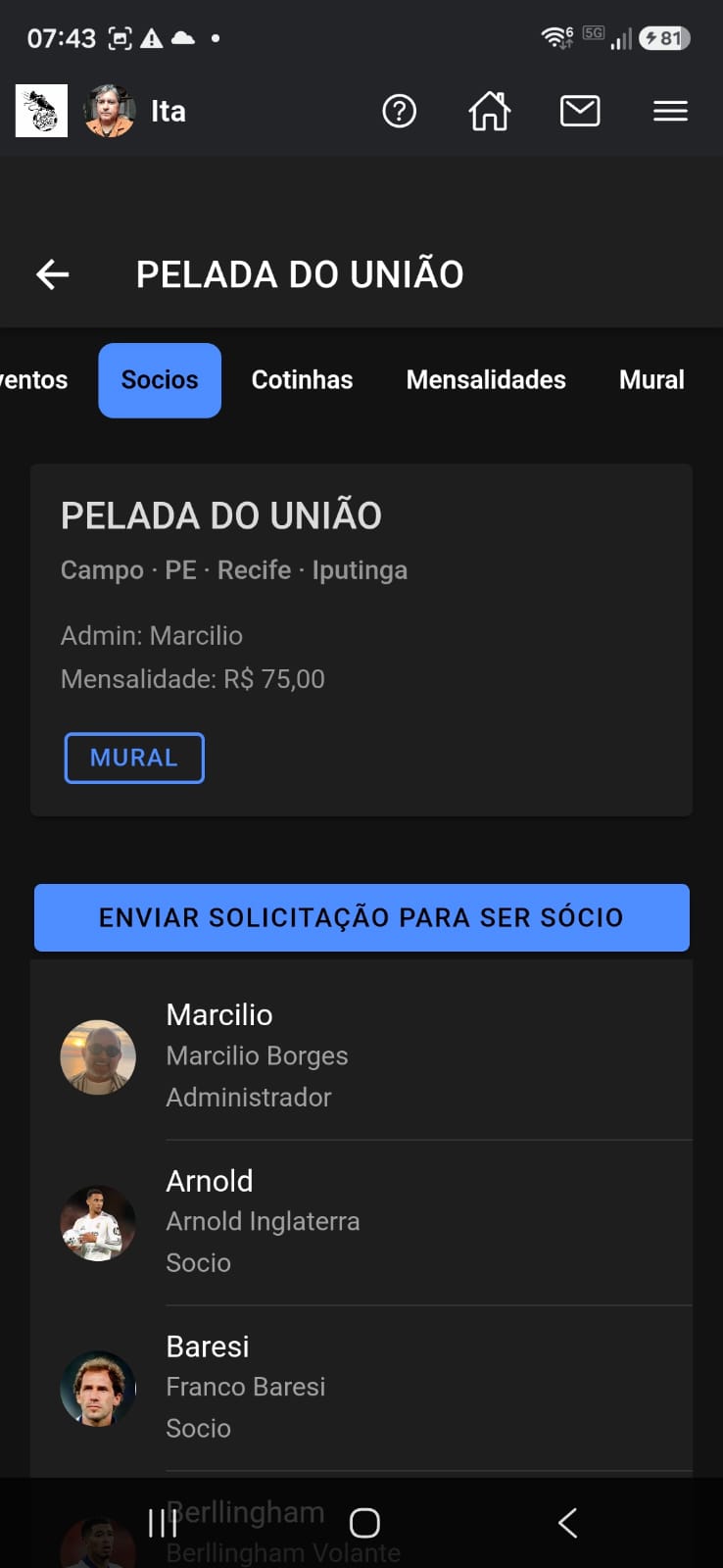 Pelada: aba Sócios com solicitações