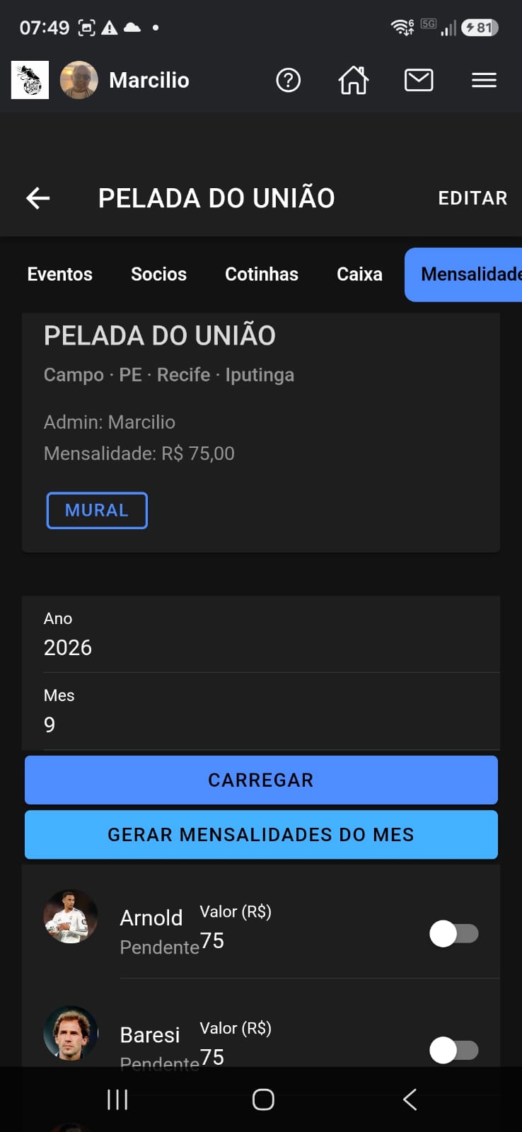 Pelada: aba Mensalidades