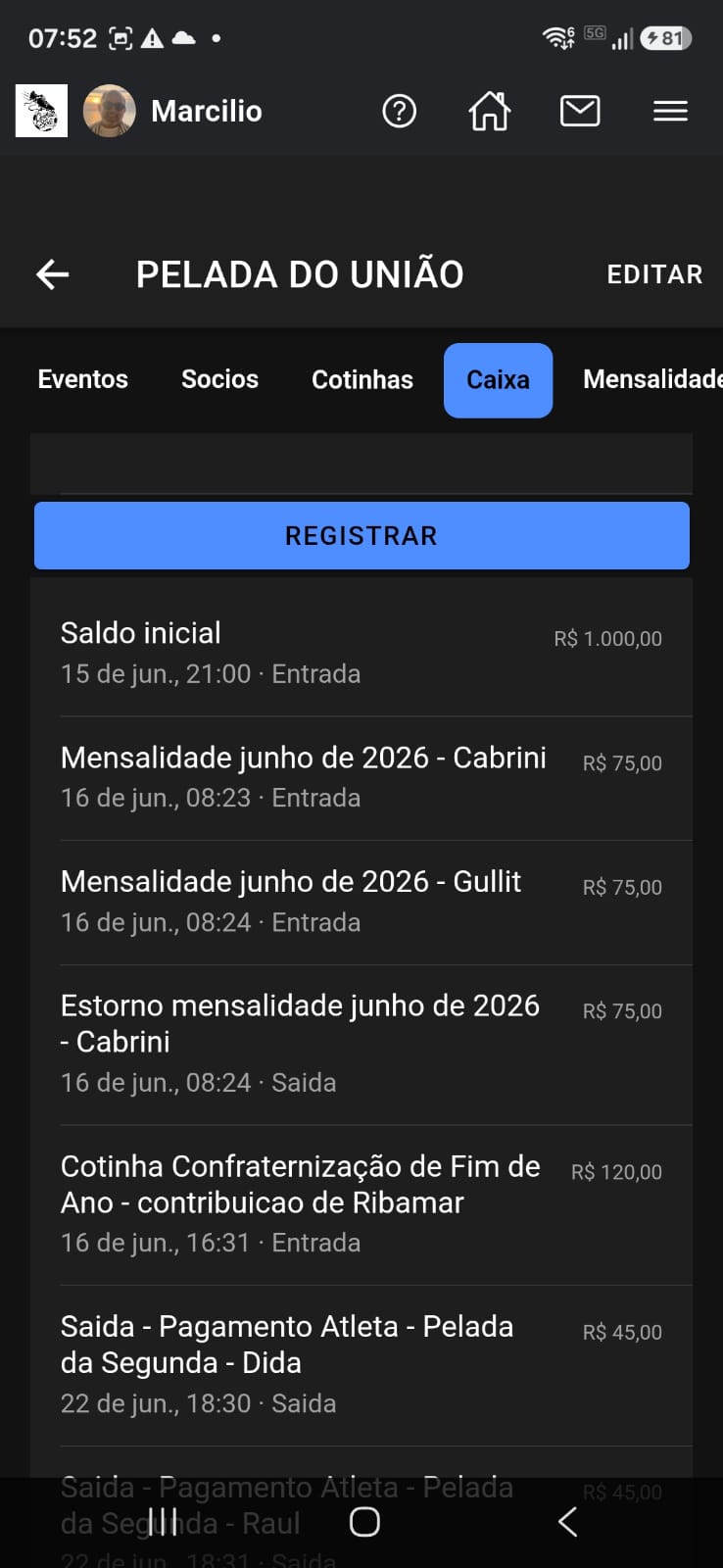 Pelada: aba Caixa com lançamentos