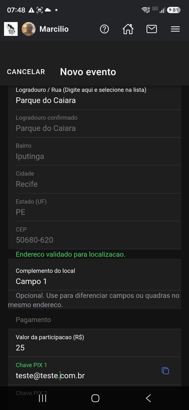 Novo evento com portaria e chave PIX