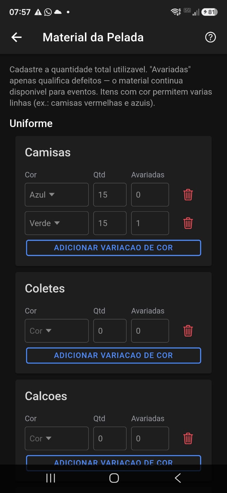 Inventário de material do roupeiro