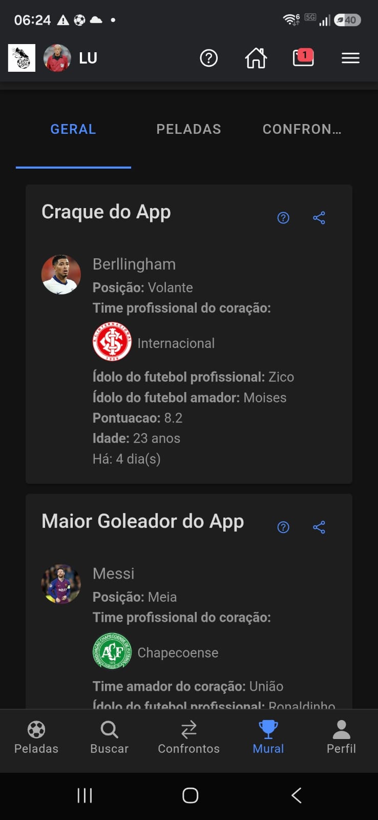 Mural do app: aba Geral com as 3 abas