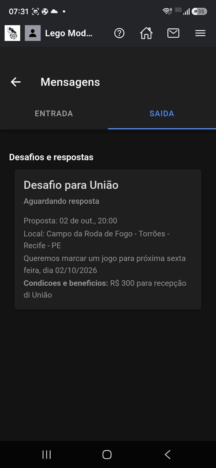 Desafiar time: data, hora, local e ida e volta