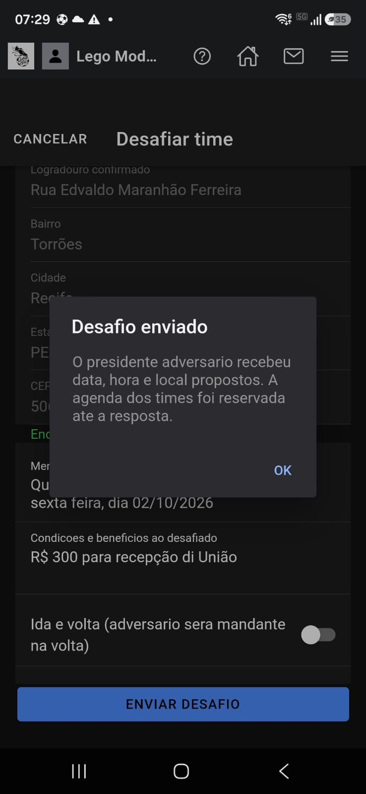 Desafiar time: escolha do adversário