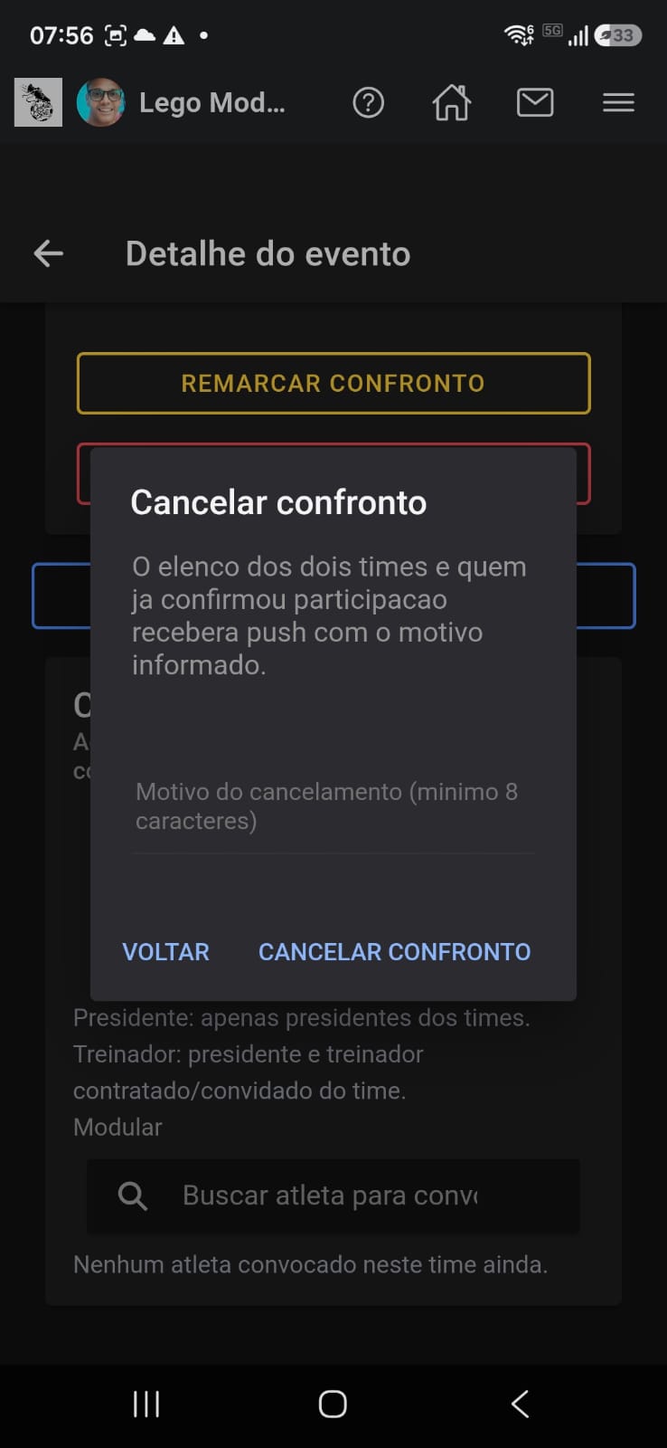 Cancelar confronto com motivo