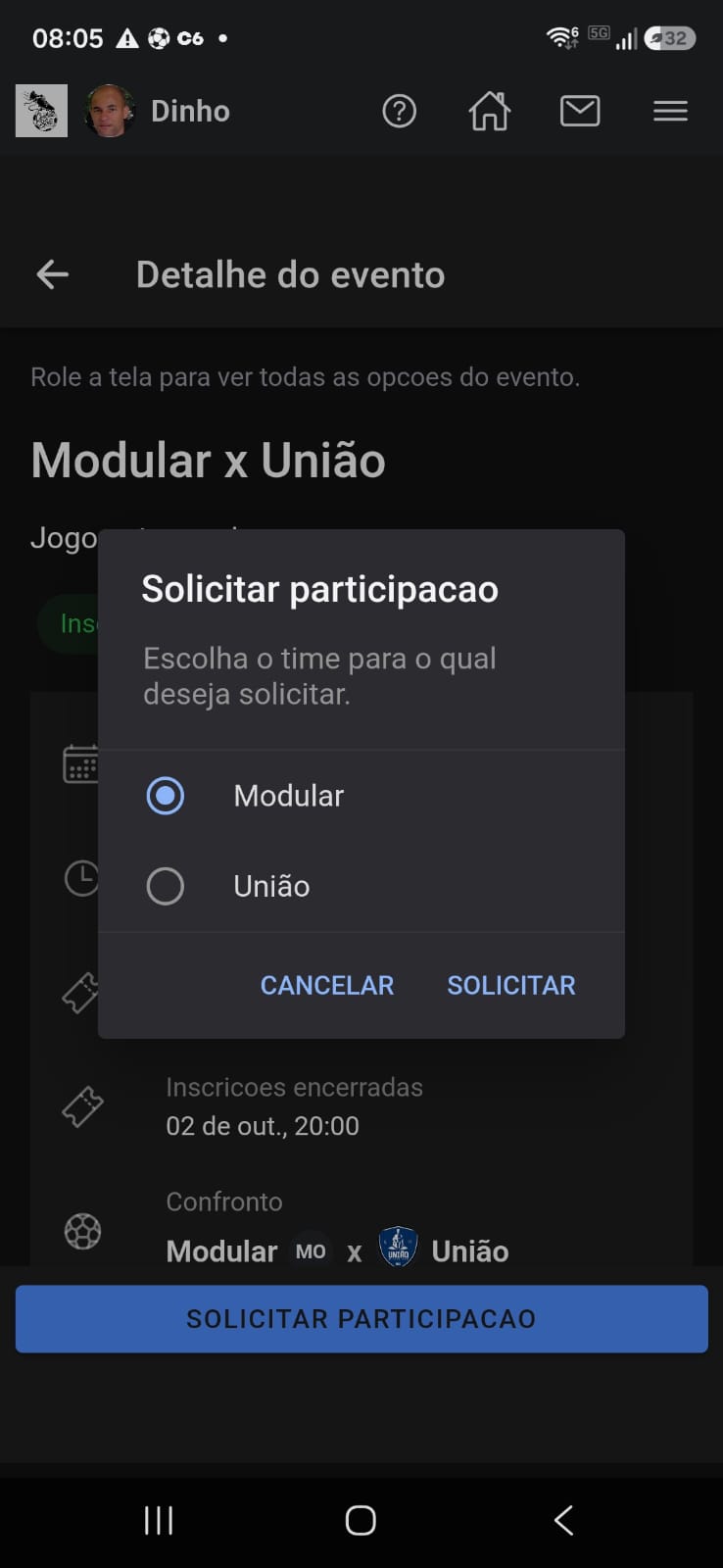 Solicitar participação no confronto