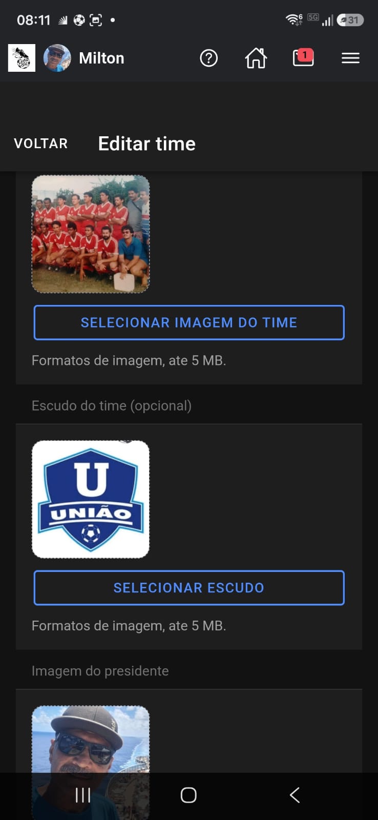 Cadastro de time com escudo