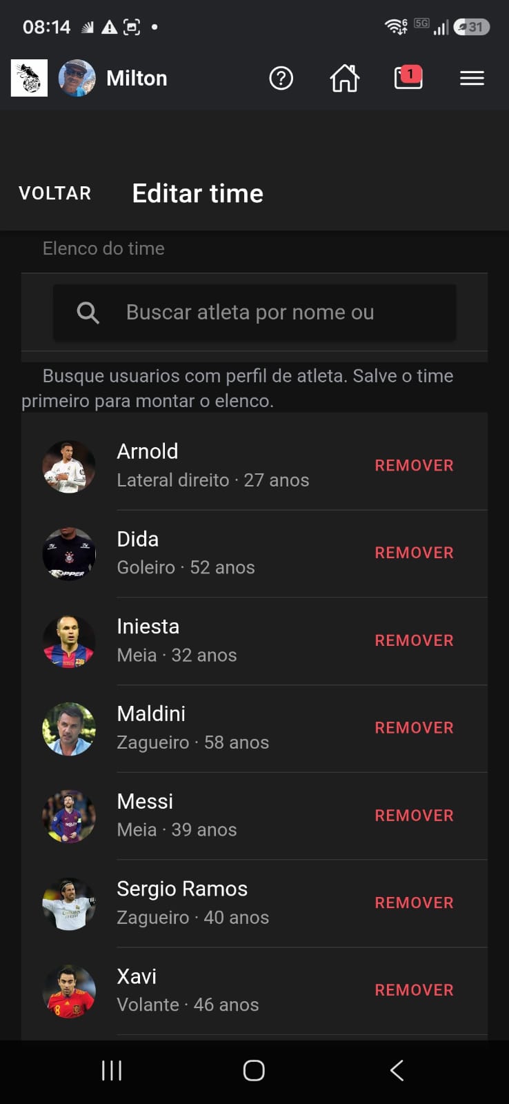 Cadastro de time com elenco